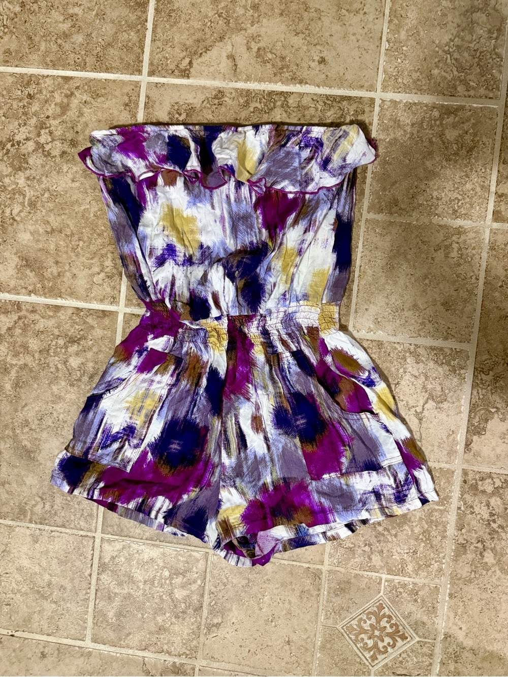 Purple Floral Print Strapless One-Piece Romper